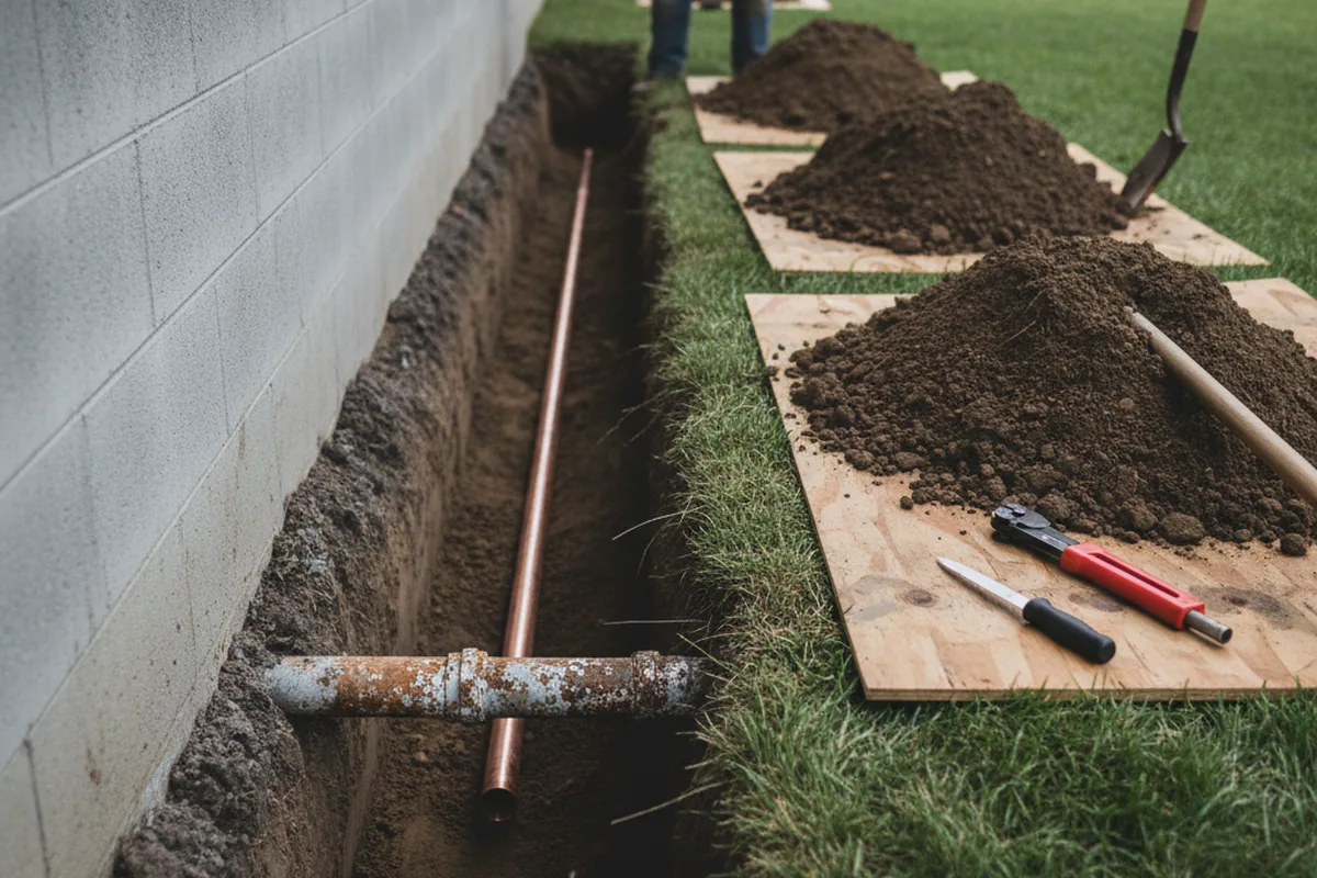 Excavated water line trench during Water Softener Installation in Elmer